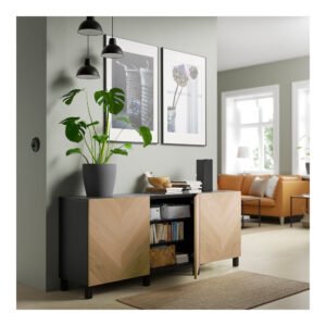 TV bench with drawers and door, black-brown - Image 2