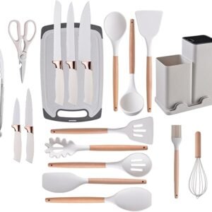 19 Piece Silicone Kitchenware Utensil Set Silicone Kitchen Utensils Set Heat Resistant Non-stick Cooking Tool with Wooden Handles Silicone Cookware Set BPA Free - Image 2