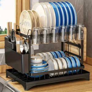 2 Tier Stainless Steel Dish Drying Rack with Drainboard, Adjustable Dish Drainer for Kitchen Counter with Utensil Holder and Cup Rack – Rotatable Drainage System - Knapdirect