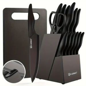 Non-stick Coating Stainless Steel Kitchen Knife Set, 15pcs Professional Kitchen Knife Set with Black Wooden Block, Non-slip ABS Handle for Chef Knives, Plastic Cutting Board and Kitchen Shears, Natural Black Wood Block - Knapdirect